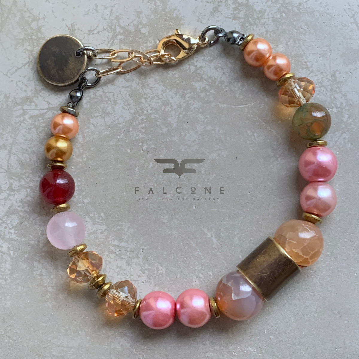 Agate, Jade, Glass Pearl and Brass Bracelet 'Rose Garden'