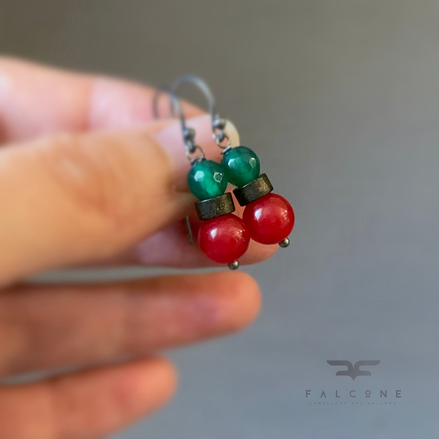 Pendientes de ágata, ónix, latón y plata de ley 'Rojo y Verde'