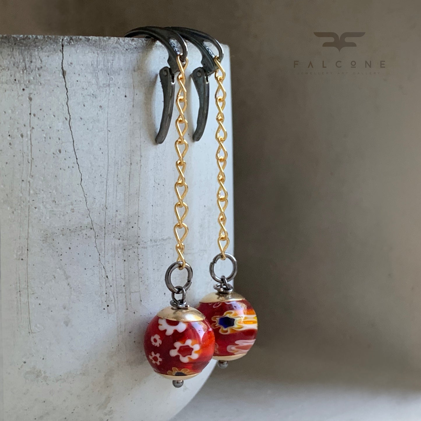 Pendientes de cristal, latón y plata de ley 'Millefiori rojo largo'