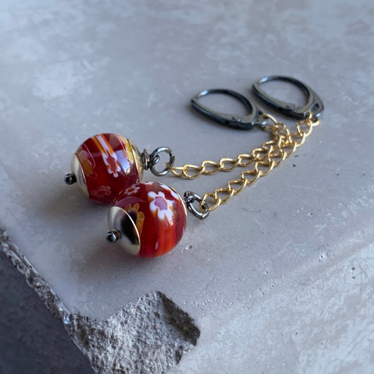 Glass, Brass and Sterling Silver Earrings 'Red Millefiori Long'