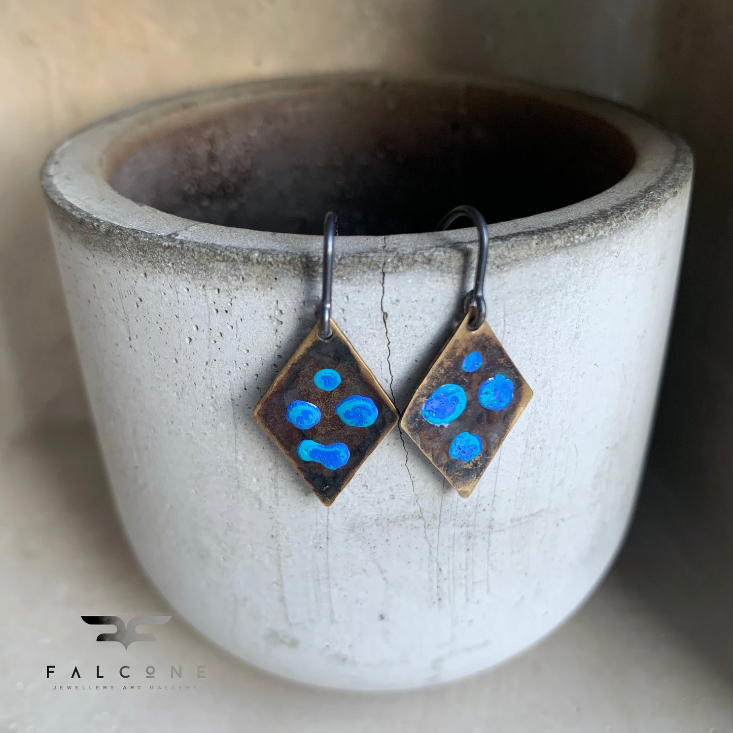 Brass and Silver Geometric Earrings 'Blue Dots'