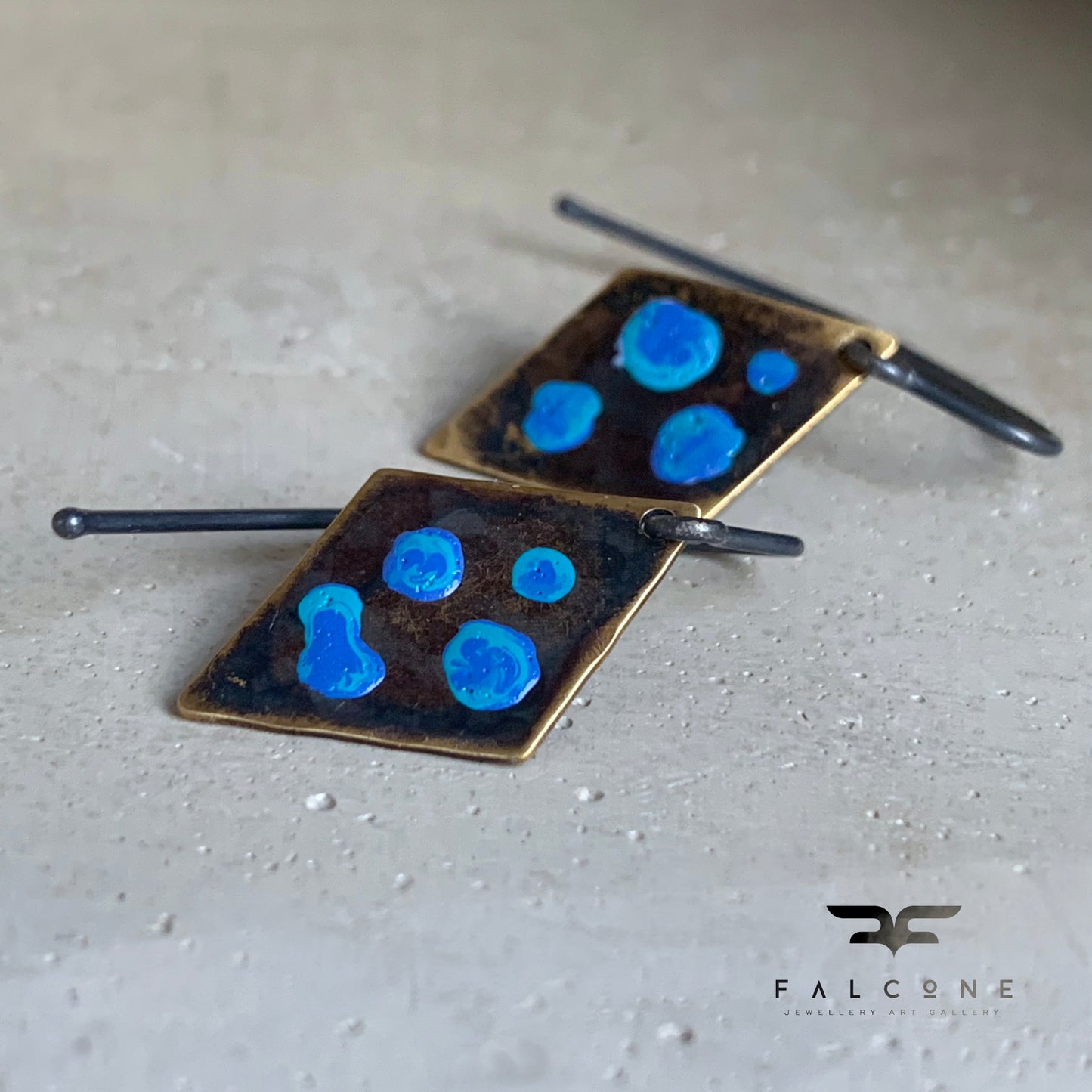 Brass and Silver Geometric Earrings 'Blue Dots'