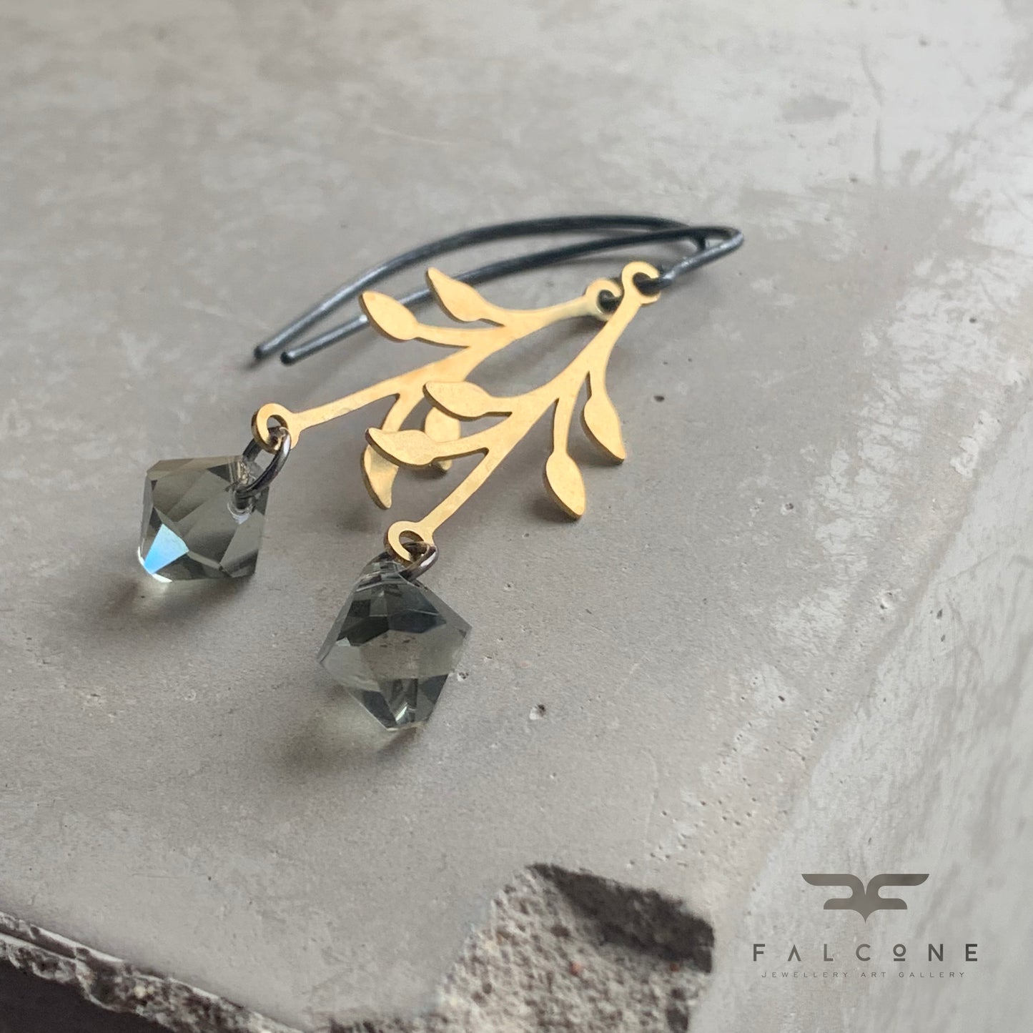 Brass, Swarovski Crystal and Silver Earrings 'Urban Rose - Mist Grey'