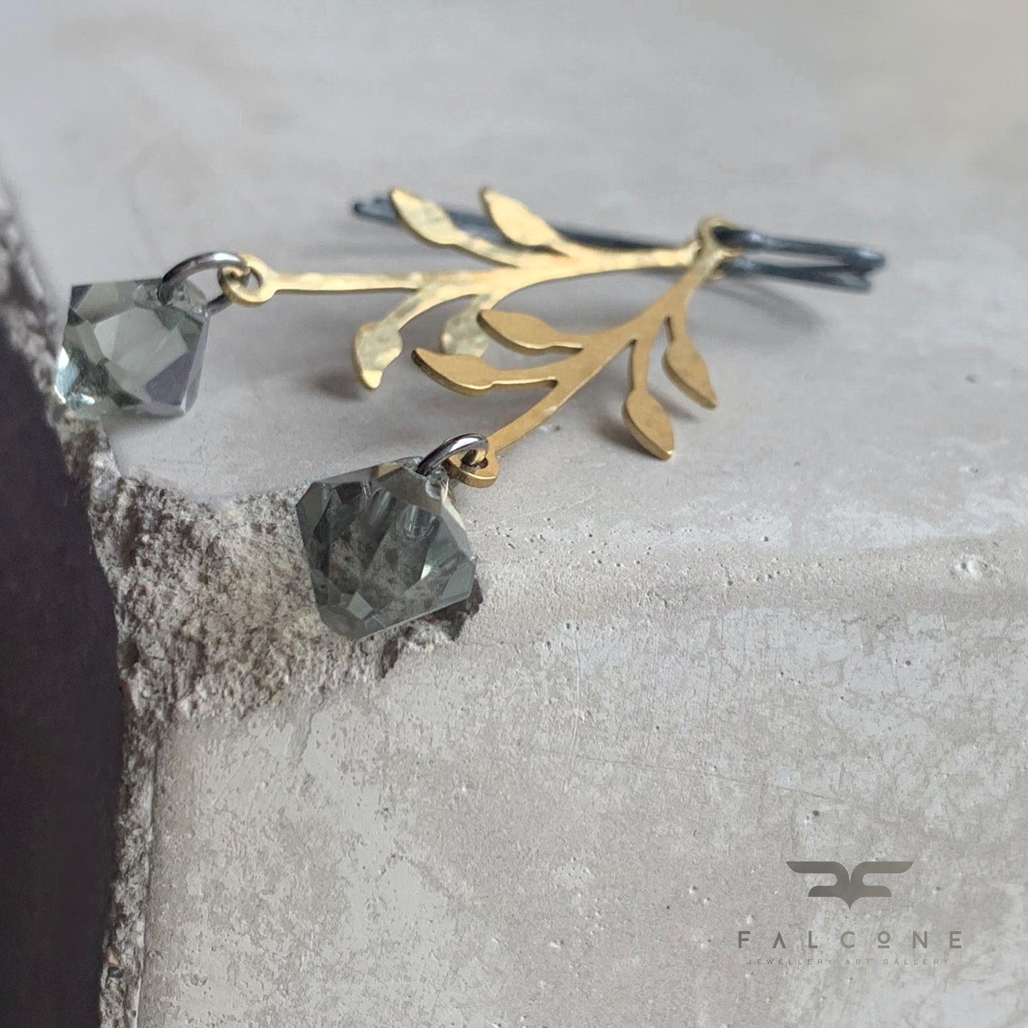 Brass, Swarovski Crystal and Silver Earrings 'Urban Rose - Mist Grey'