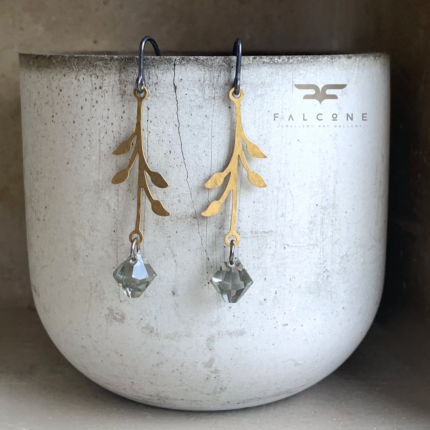 Brass, Swarovski Crystal and Silver Earrings 'Urban Rose - Mist Grey'