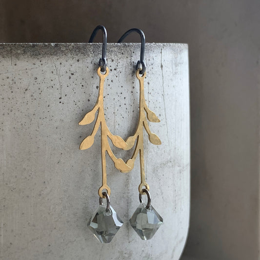 Brass, Swarovski Crystal and Silver Earrings 'Urban Rose - Mist Grey'