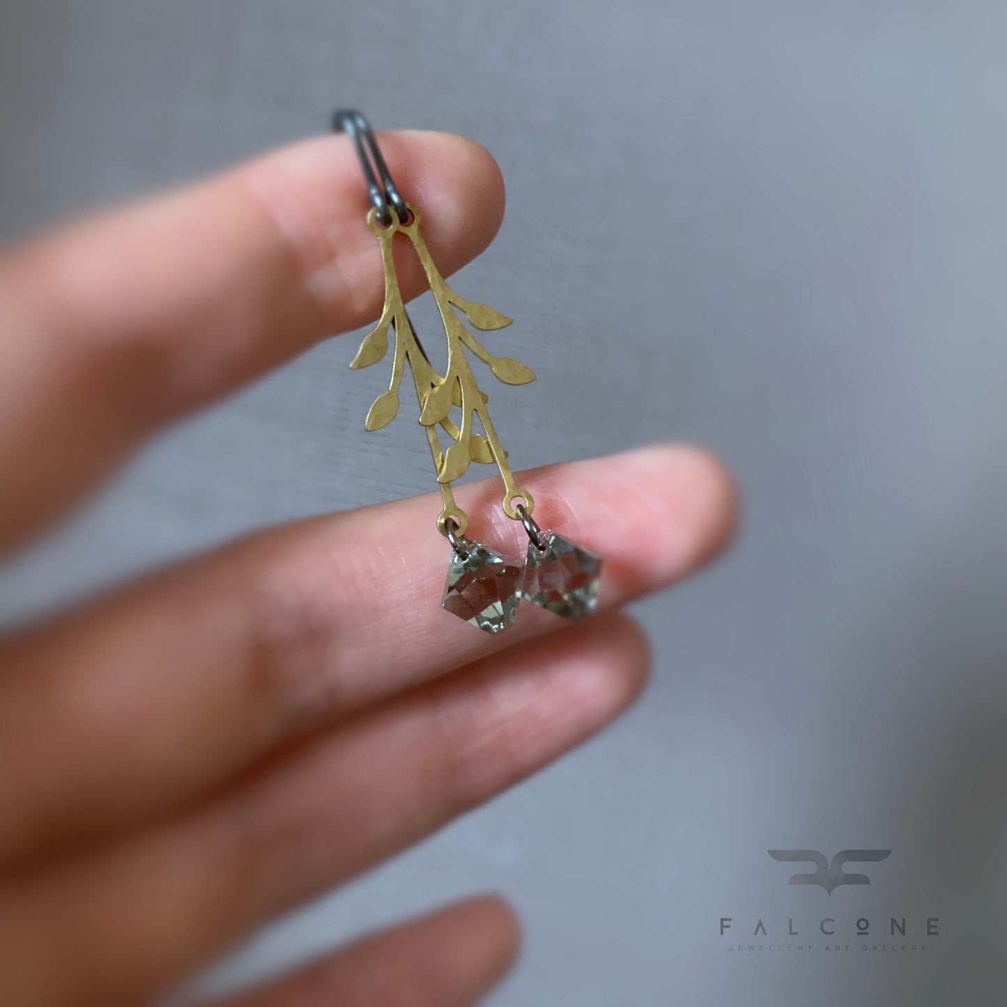 Brass, Swarovski Crystal and Silver Earrings 'Urban Rose - Mist Grey'