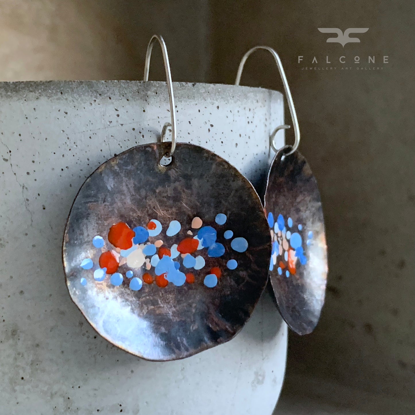 Large copper earrings - hand formed & enameled 'Roses, Poppies, Cornflowers'