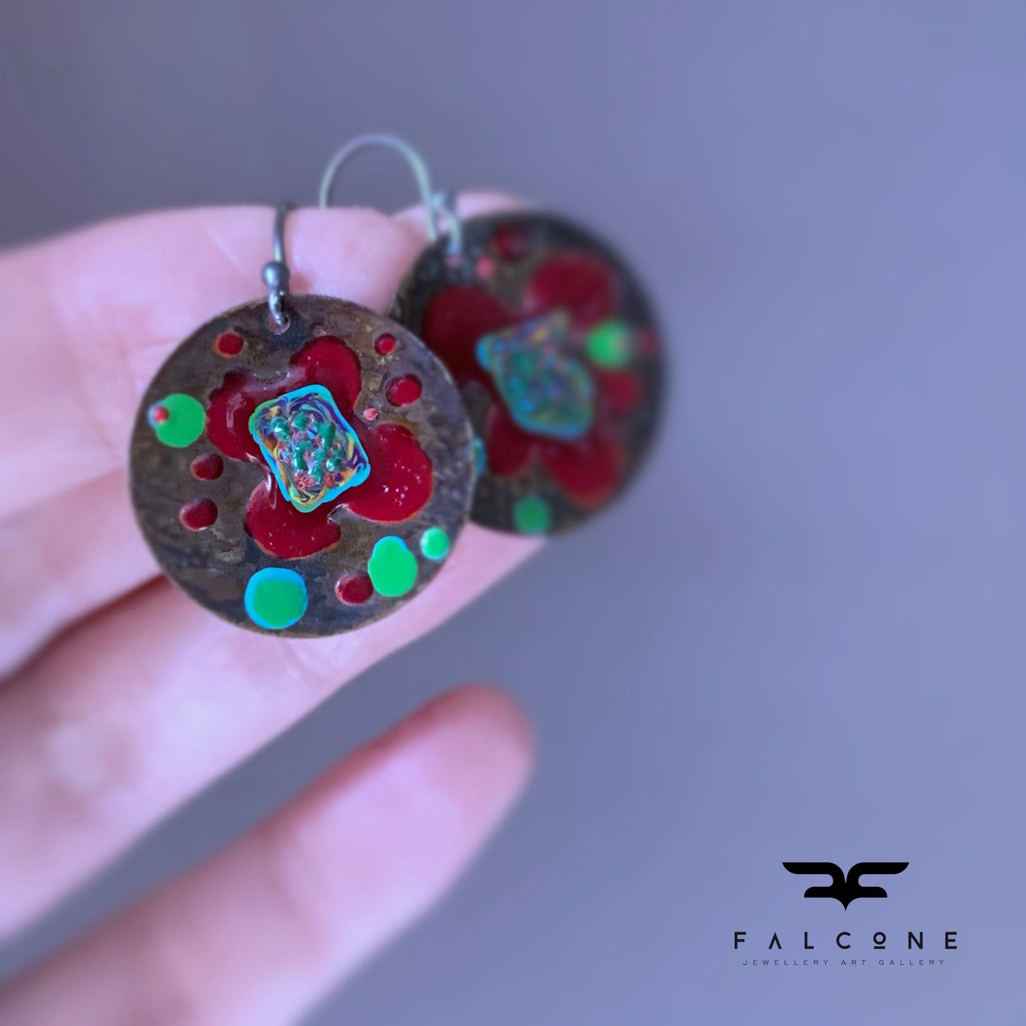 Brass and Sterling Silver Earrings 'Exotic Flower - Dark Ruby & Turquoise Green'
