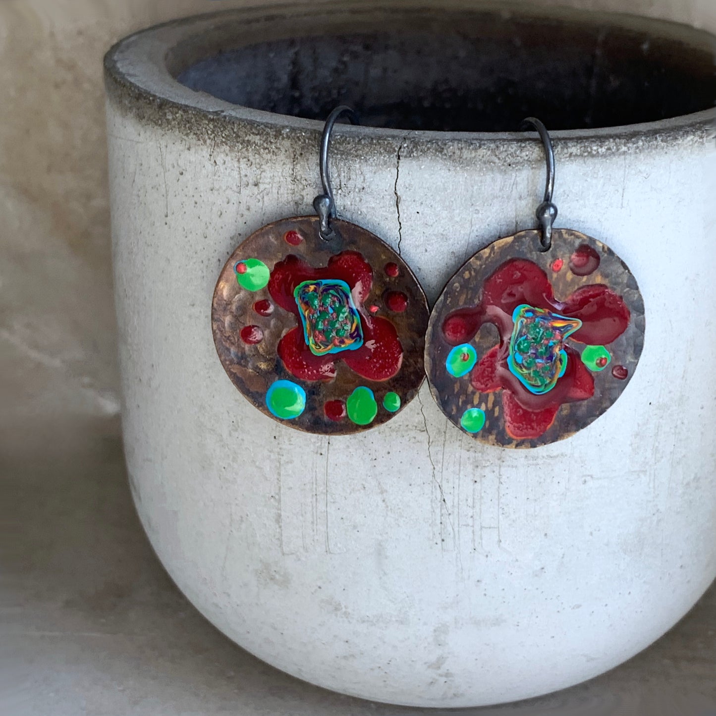 Brass and Sterling Silver Earrings 'Exotic Flower - Dark Ruby & Turquoise Green'