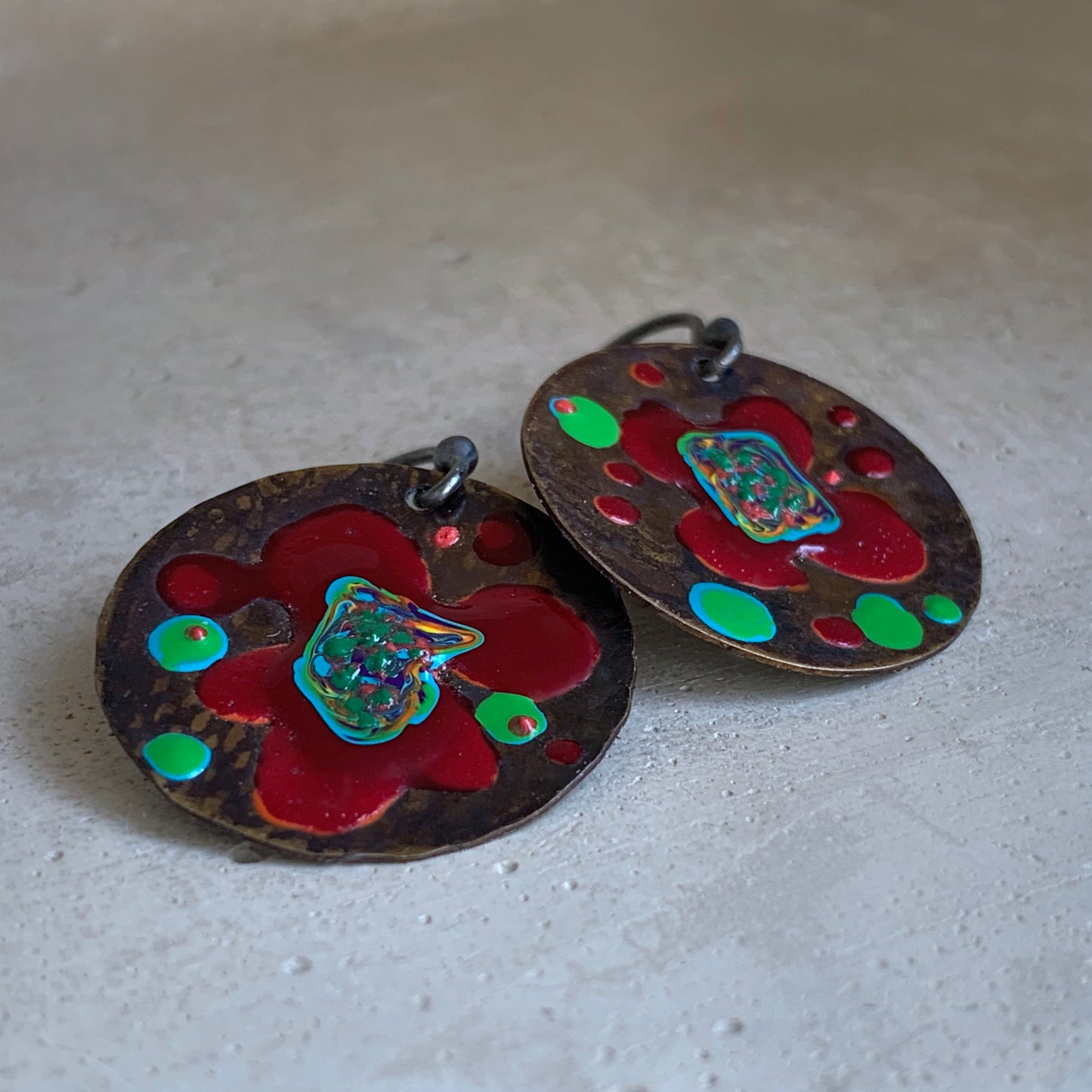 Brass and Sterling Silver Earrings 'Exotic Flower - Dark Ruby & Turquoise Green'