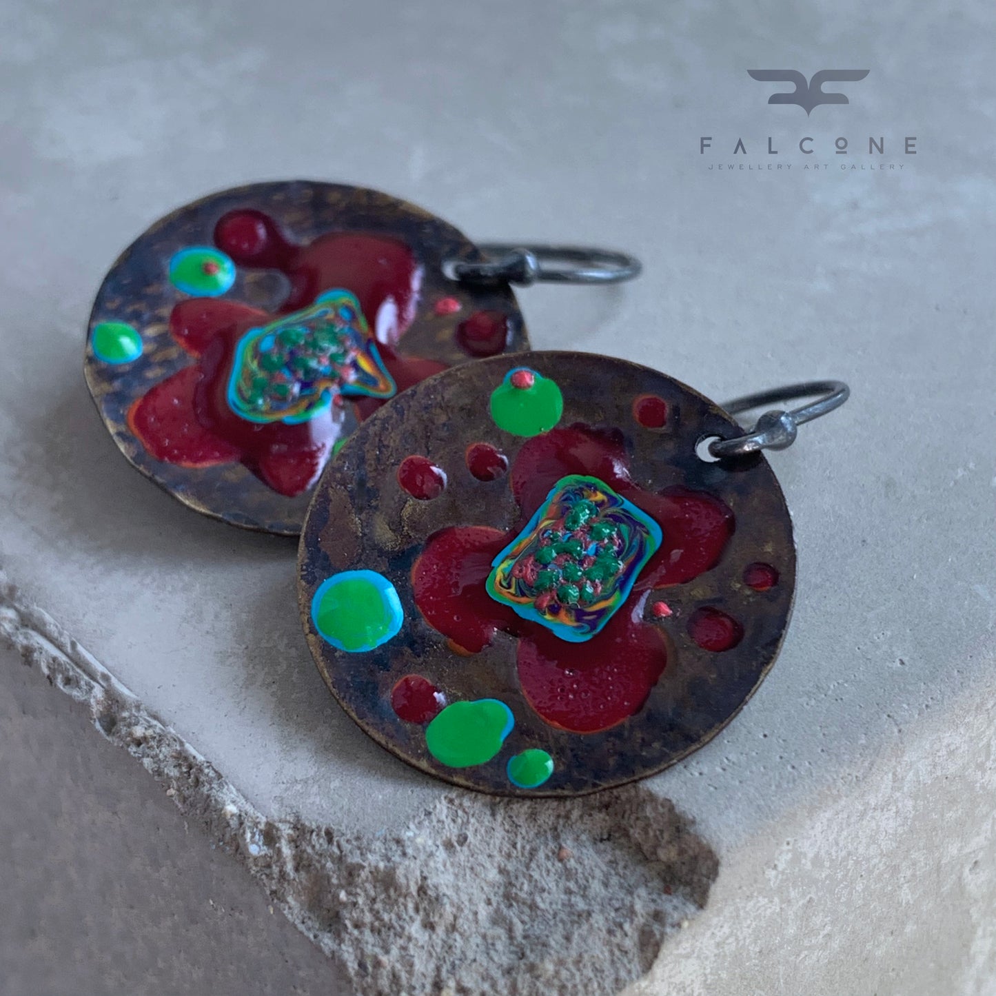 Brass and Sterling Silver Earrings 'Exotic Flower - Dark Ruby & Turquoise Green'