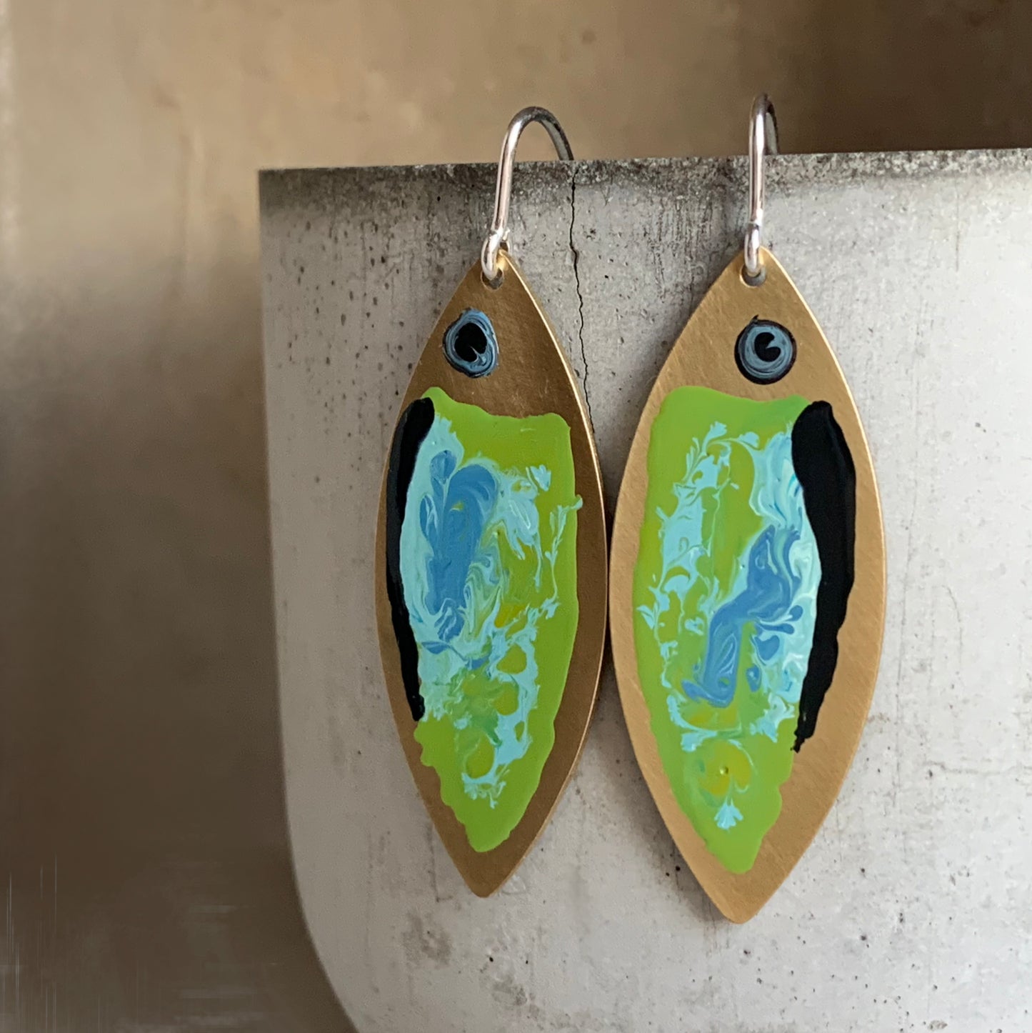 Enamelled Brass & Sterling Silver Earrings 'Green Fish with Navy Blue Streak'