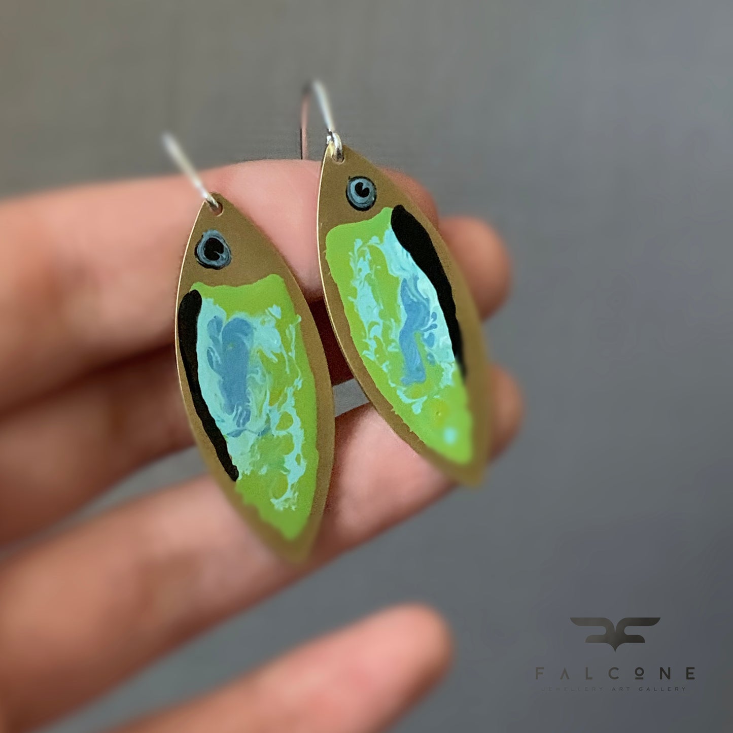 Enamelled Brass & Sterling Silver Earrings 'Green Fish with Navy Blue Streak'
