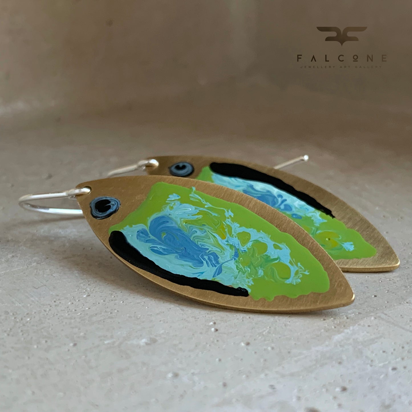 Enamelled Brass & Sterling Silver Earrings 'Green Fish with Navy Blue Streak'