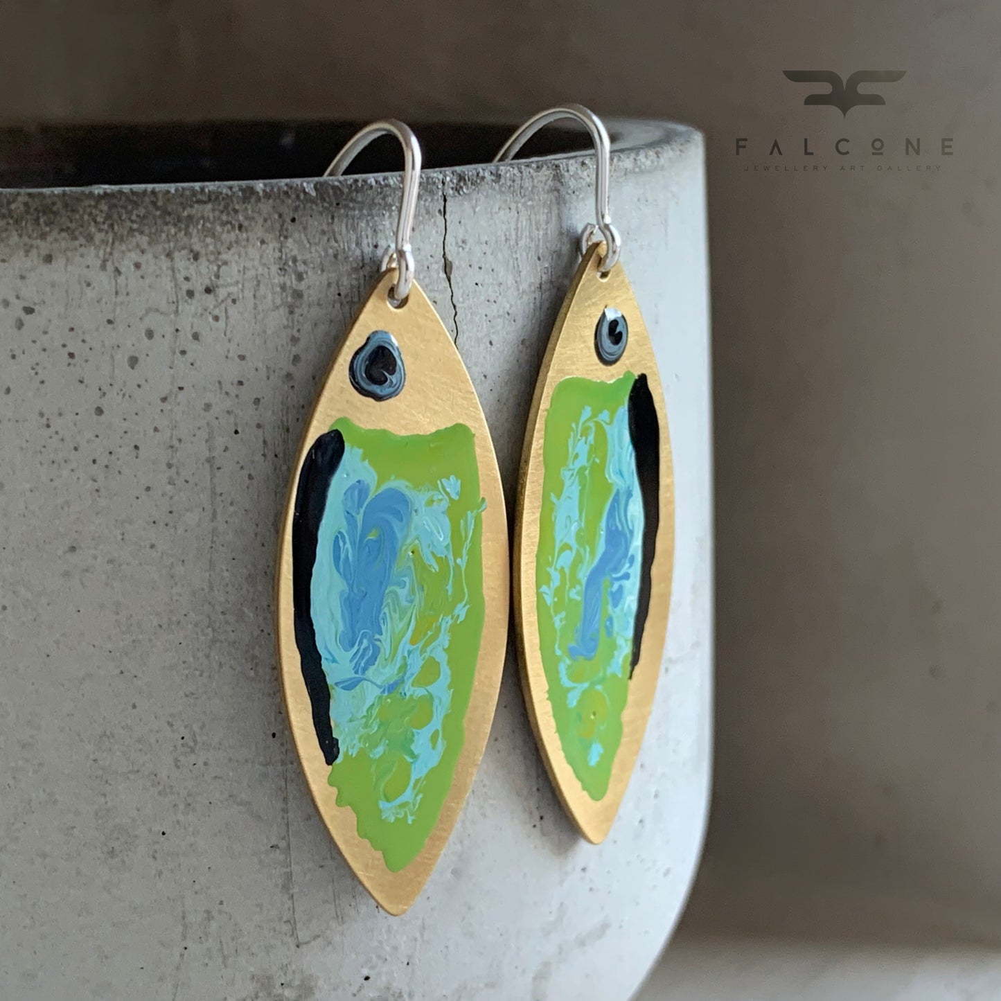 Enamelled Brass & Sterling Silver Earrings 'Green Fish with Navy Blue Streak'
