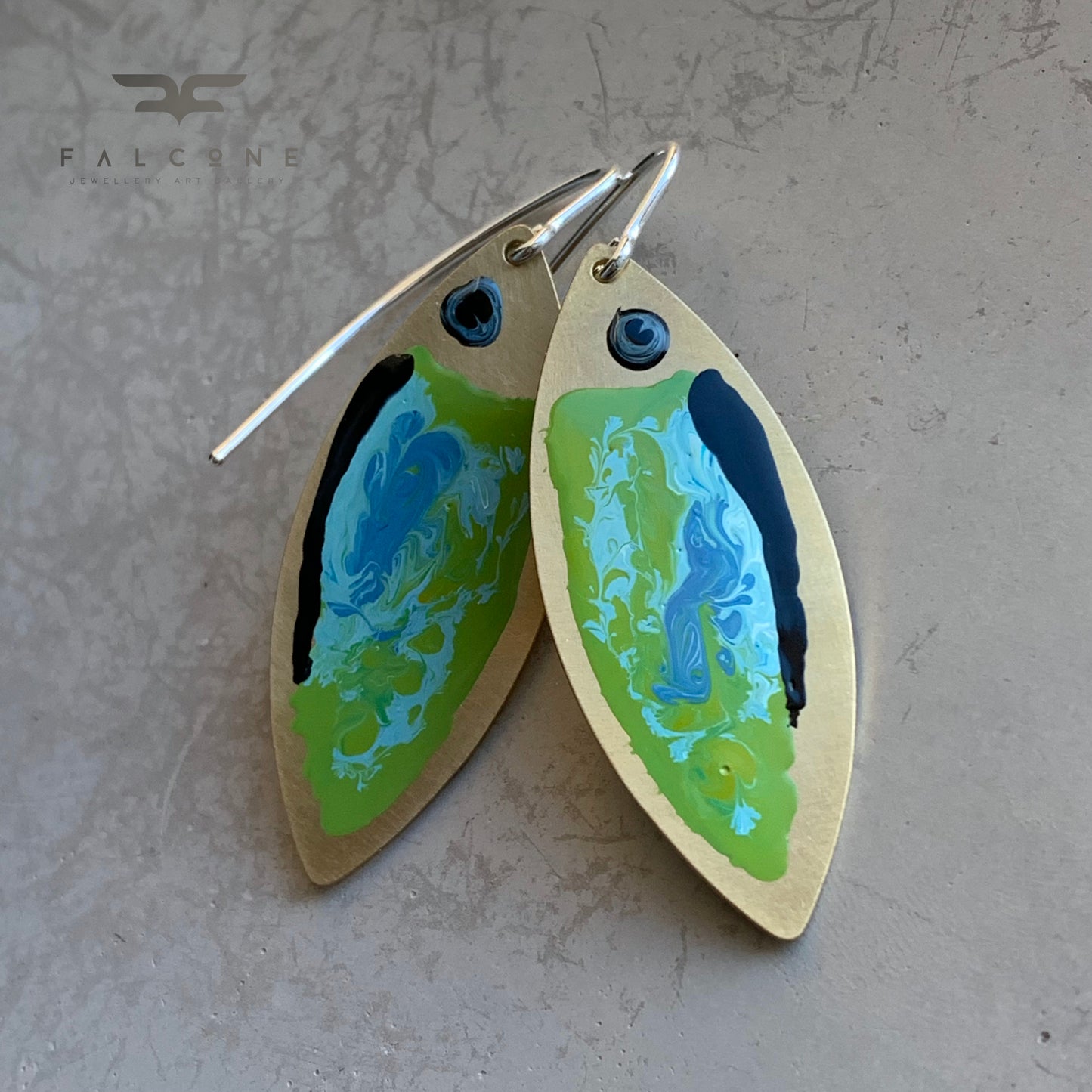 Enamelled Brass & Sterling Silver Earrings 'Green Fish with Navy Blue Streak'