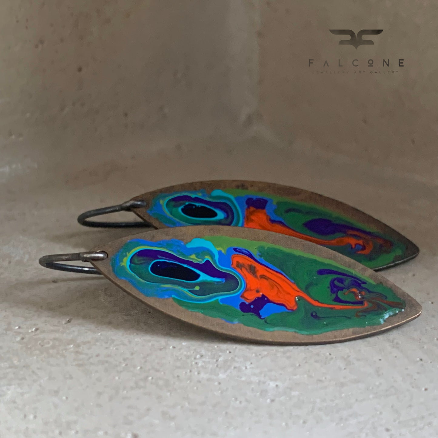 Brass and Silver Earrings with Enamel 'Peacock Fish'