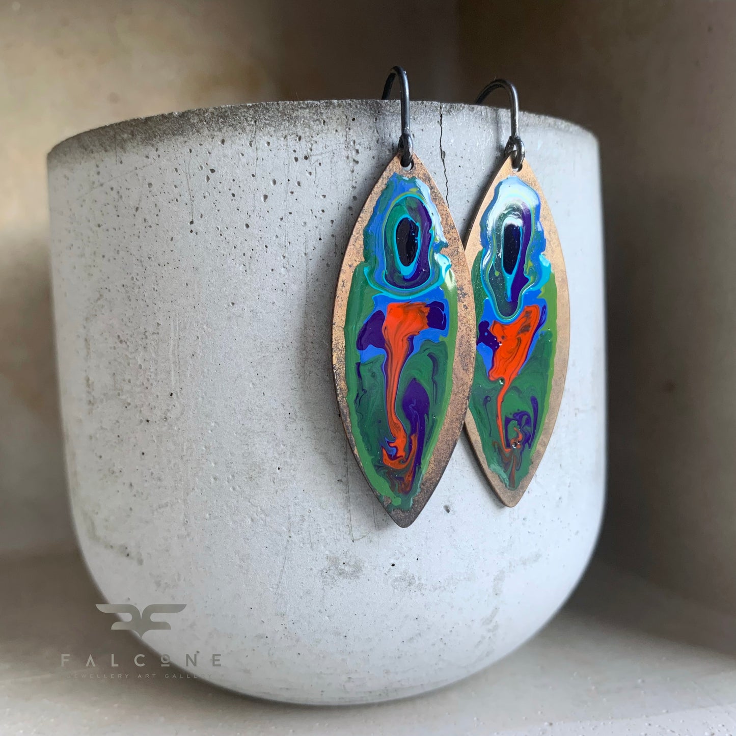 Brass and Silver Earrings with Enamel 'Peacock Fish'