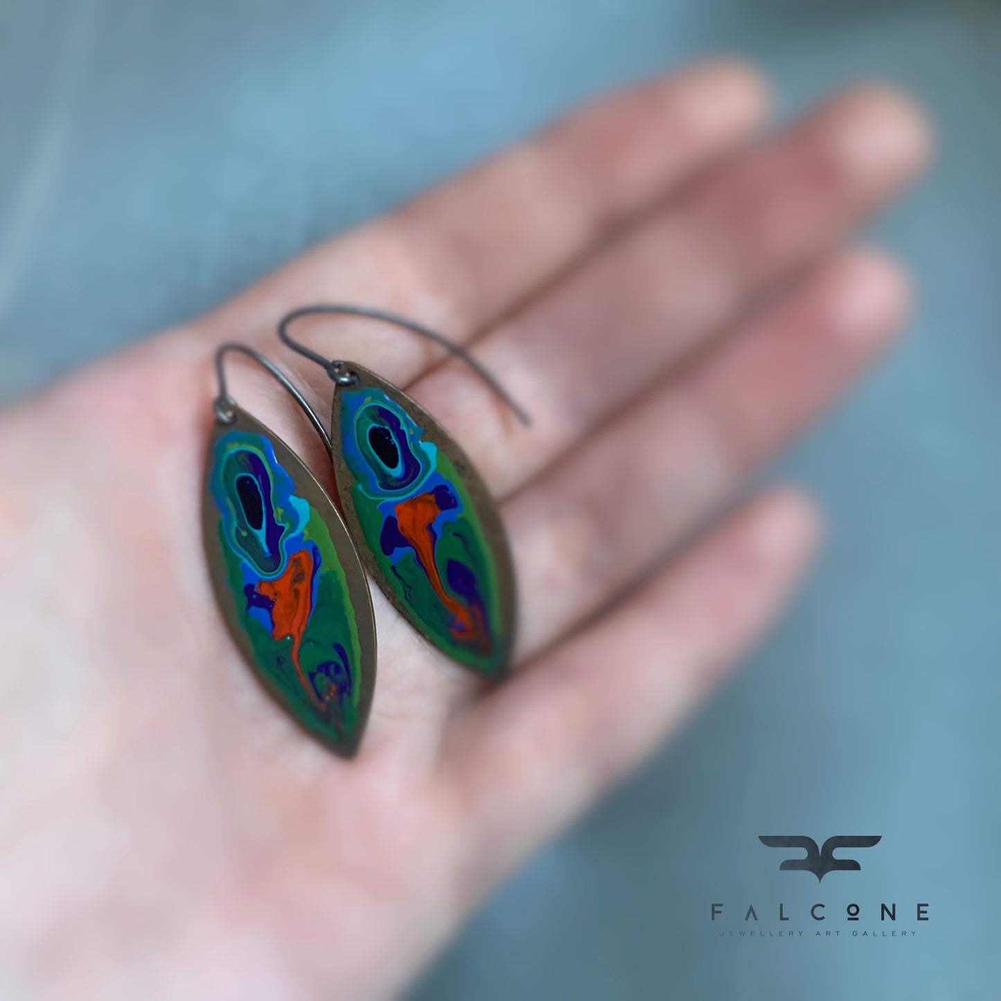 Brass and Silver Earrings with Enamel 'Peacock Fish'