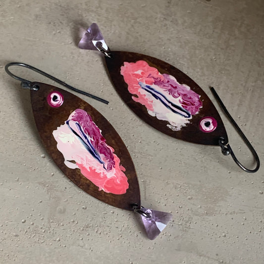 Brass, Sterling Silver and Swarovski Crystal Earrings 'Lilac Rose Fish'