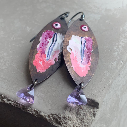 Brass, Sterling Silver and Swarovski Crystal Earrings 'Lilac Rose Fish'