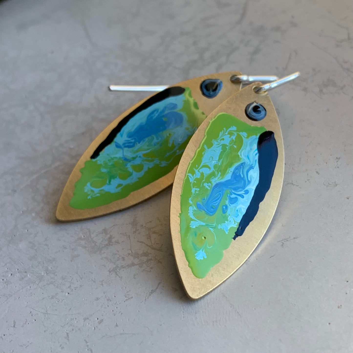 Enamelled Brass & Sterling Silver Earrings 'Green Fish with Navy Blue Streak'