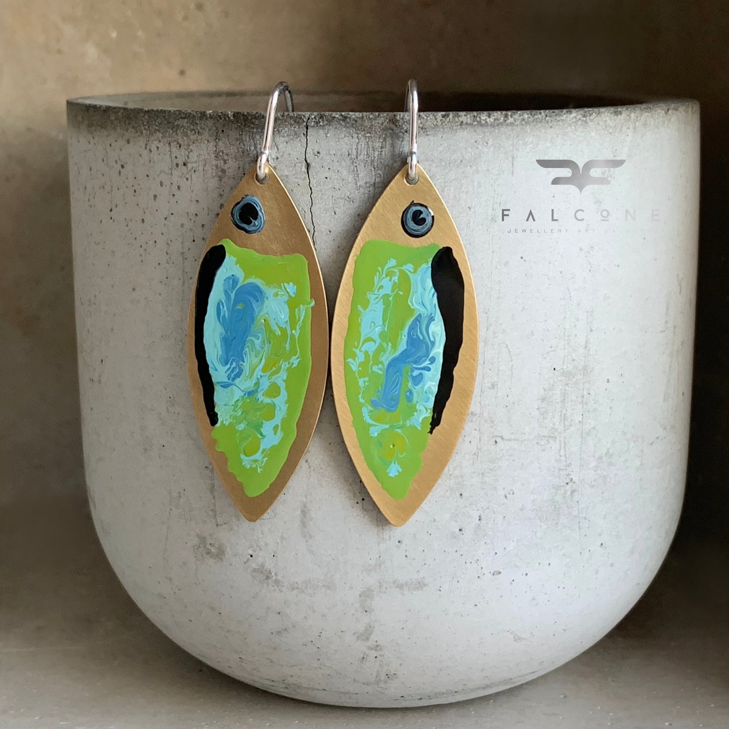 Enamelled Brass & Sterling Silver Earrings 'Green Fish with Navy Blue Streak'