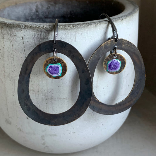 Brass and Sterling Silver Earrings 'Secret Garden - Violet Green'