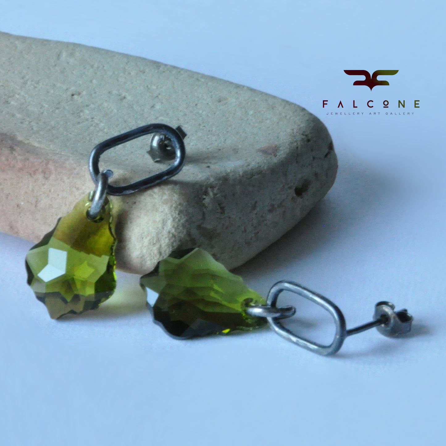 Silver stud earrings with Swarovski crystals in the color of olive green 'Forest Elves'