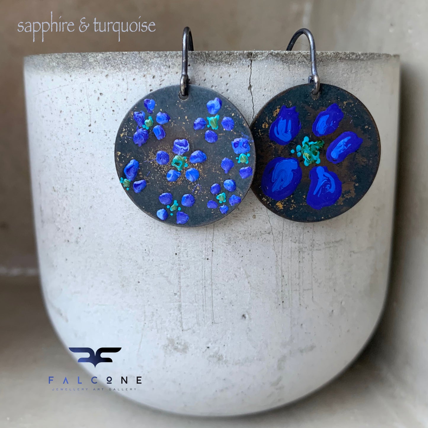 Hand-decorated earrings in brass & silver 'Flowers in Sapphire'