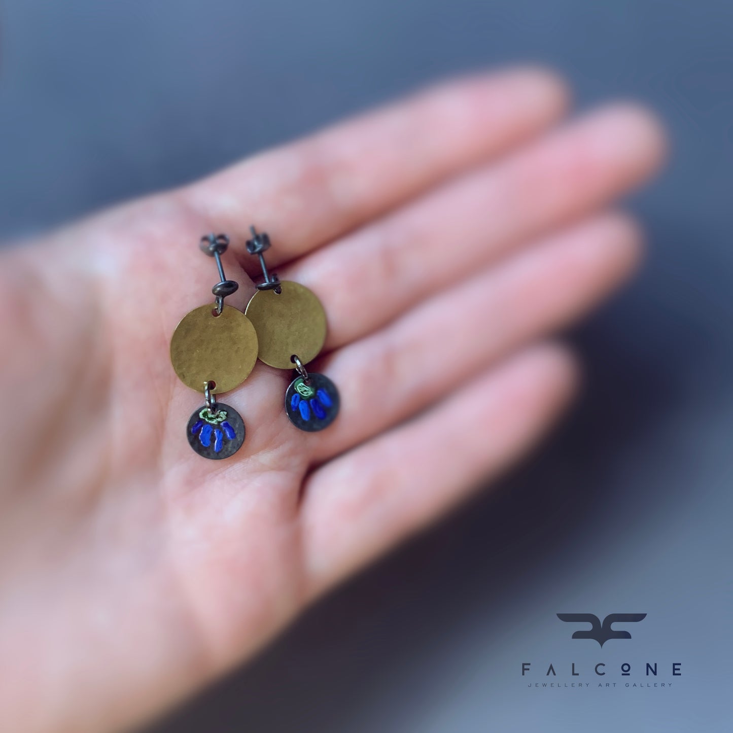 Stud Earrings Made of Silver and Brass 'Field Flowers - Dark Sapphire & Lemon'