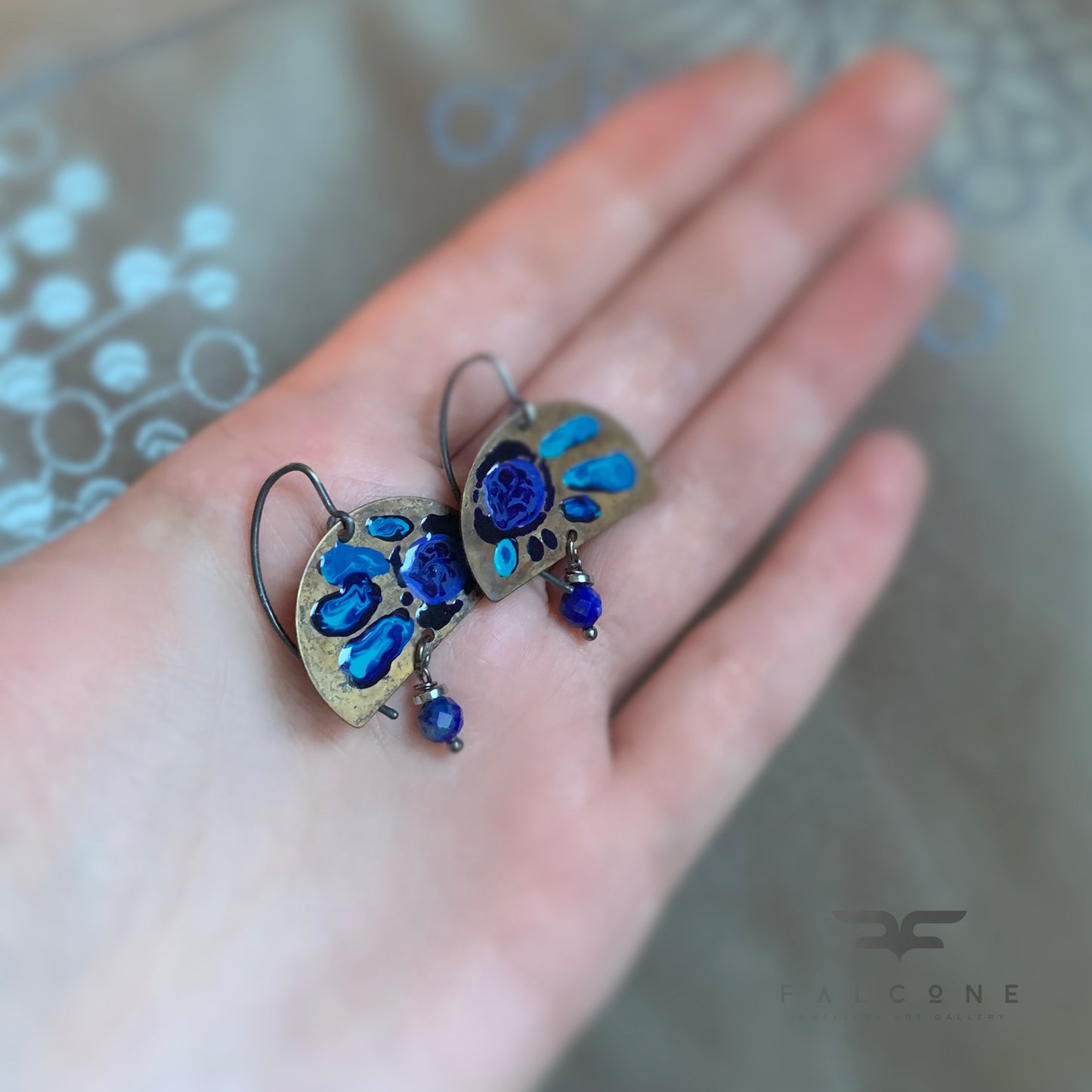 Brass, Silver & Gemstone Earrings 'Sapphire Flowers with Lapis Lazuli'