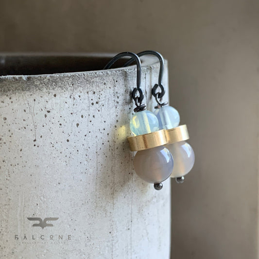 Mineral, Brass and Sterling Silver Earrings 'Ashy Agate & Misty Opalite'