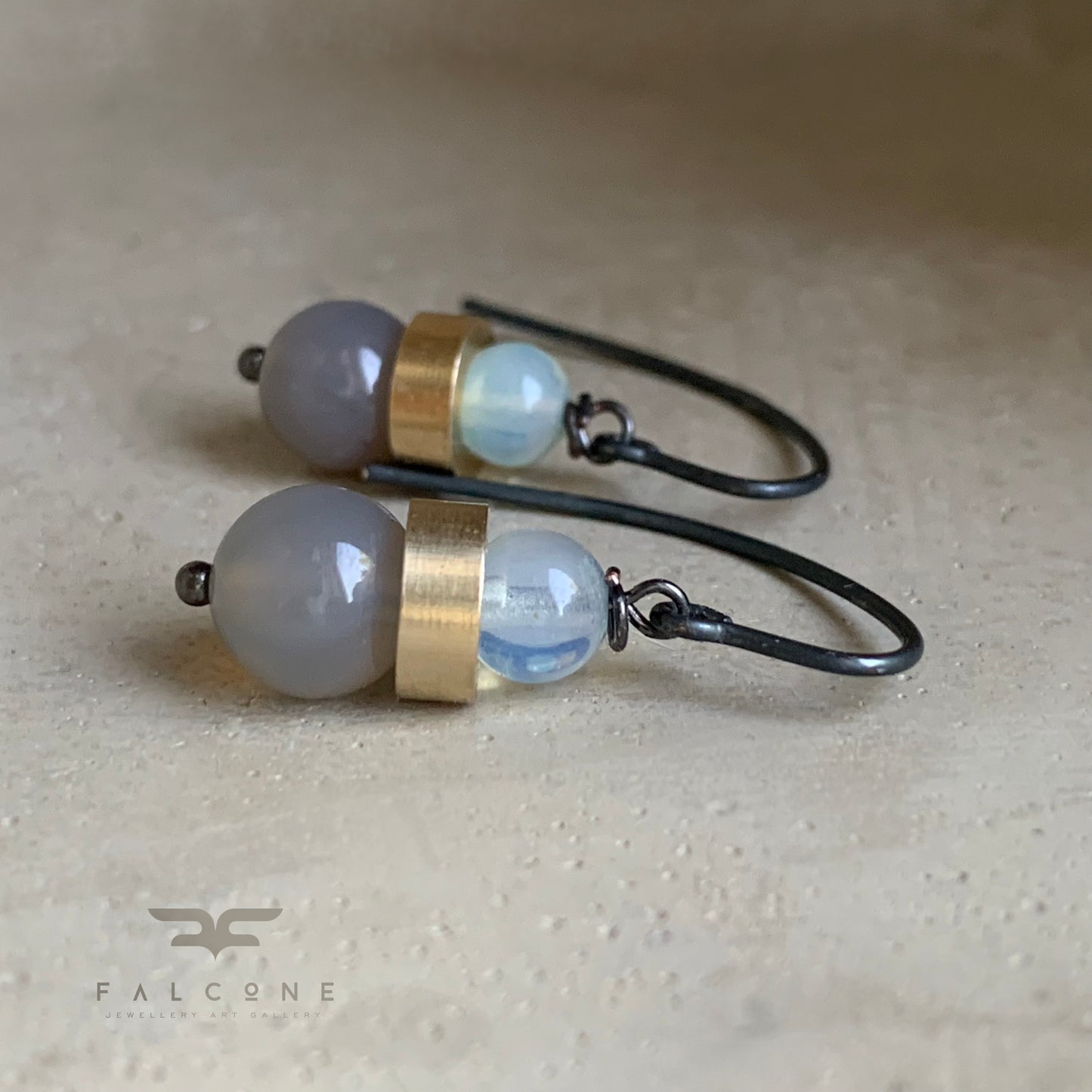 Mineral, Brass and Sterling Silver Earrings 'Ashy Agate & Misty Opalite'