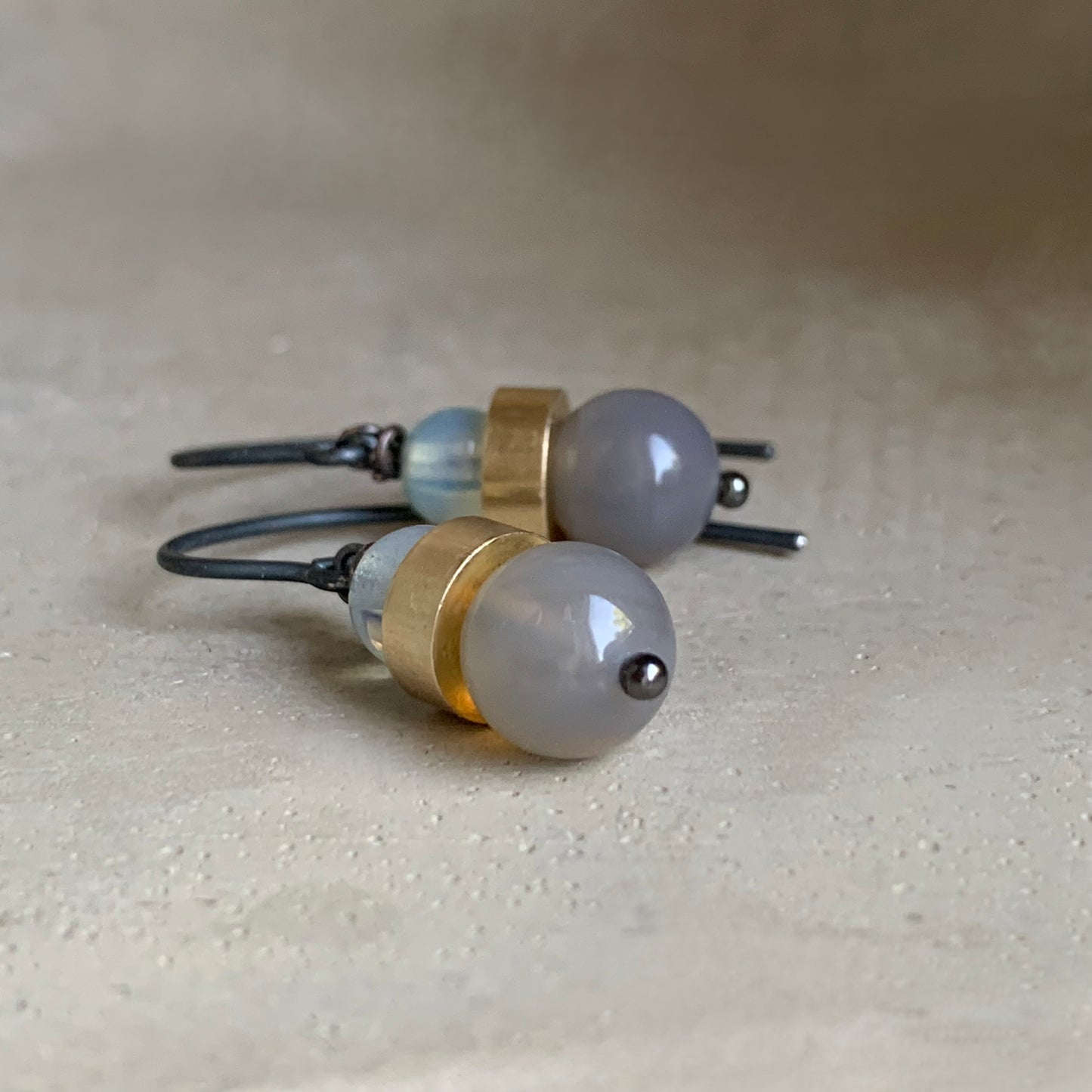 Mineral, Brass and Sterling Silver Earrings 'Ashy Agate & Misty Opalite'