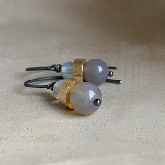 Mineral, Brass and Sterling Silver Earrings 'Ashy Agate & Misty Opalite'
