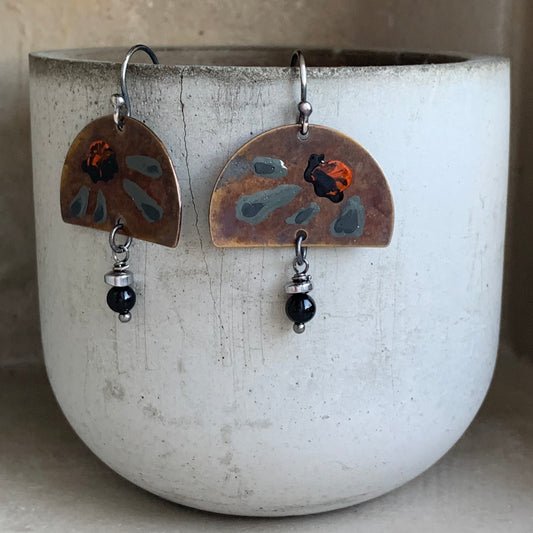 Brass, Onyx, Enamel and Sterling Silver Earrings 'Gray Flowers & Onyx'
