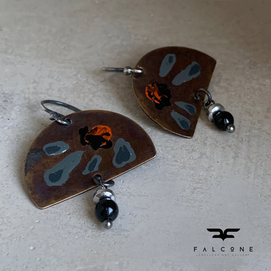 Brass, Onyx, Enamel and Sterling Silver Earrings 'Gray Flowers & Onyx'