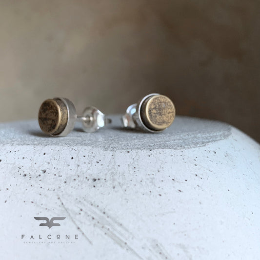 Stud Earrings 'Silver & Brass - Brown'