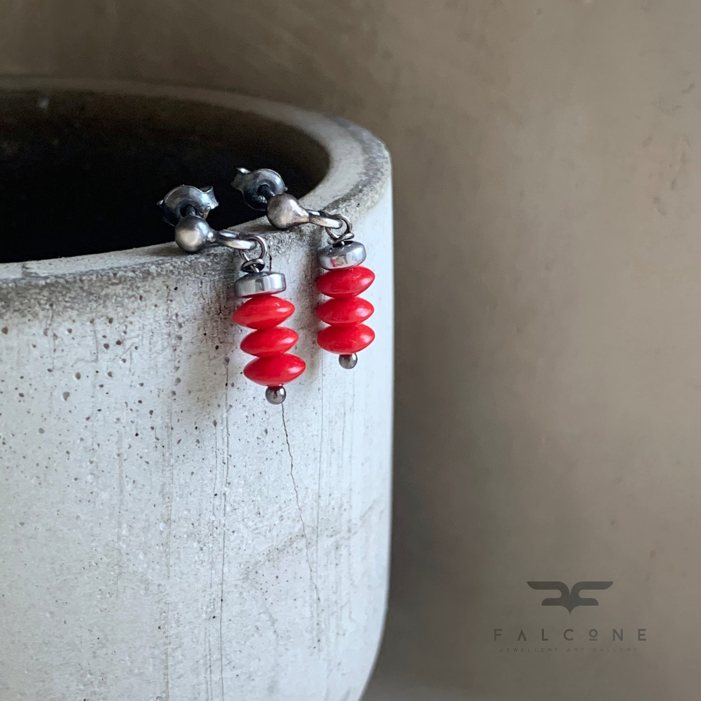 Silver stud earrings 'Autumn with Coral'
