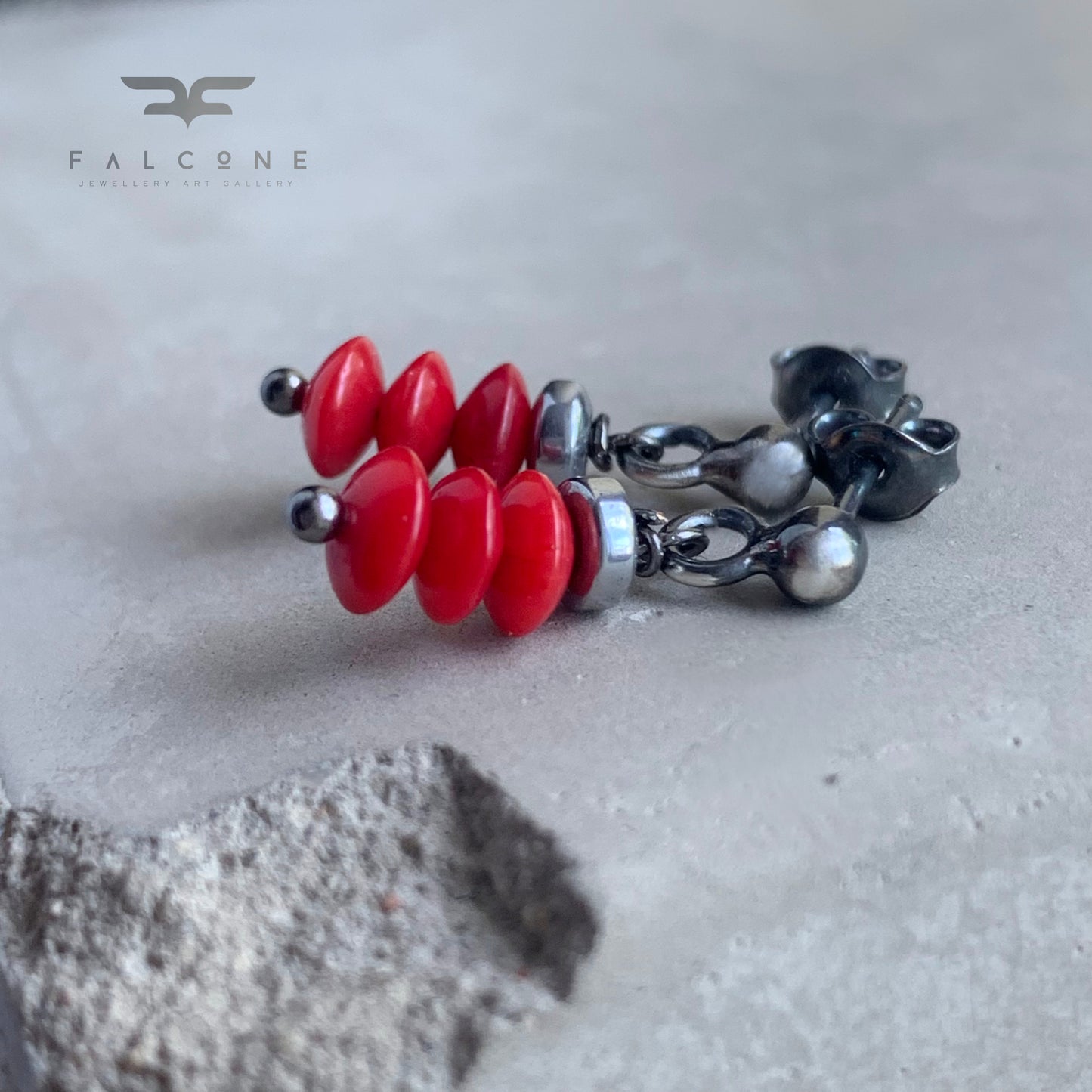 Silver stud earrings 'Autumn with Coral'
