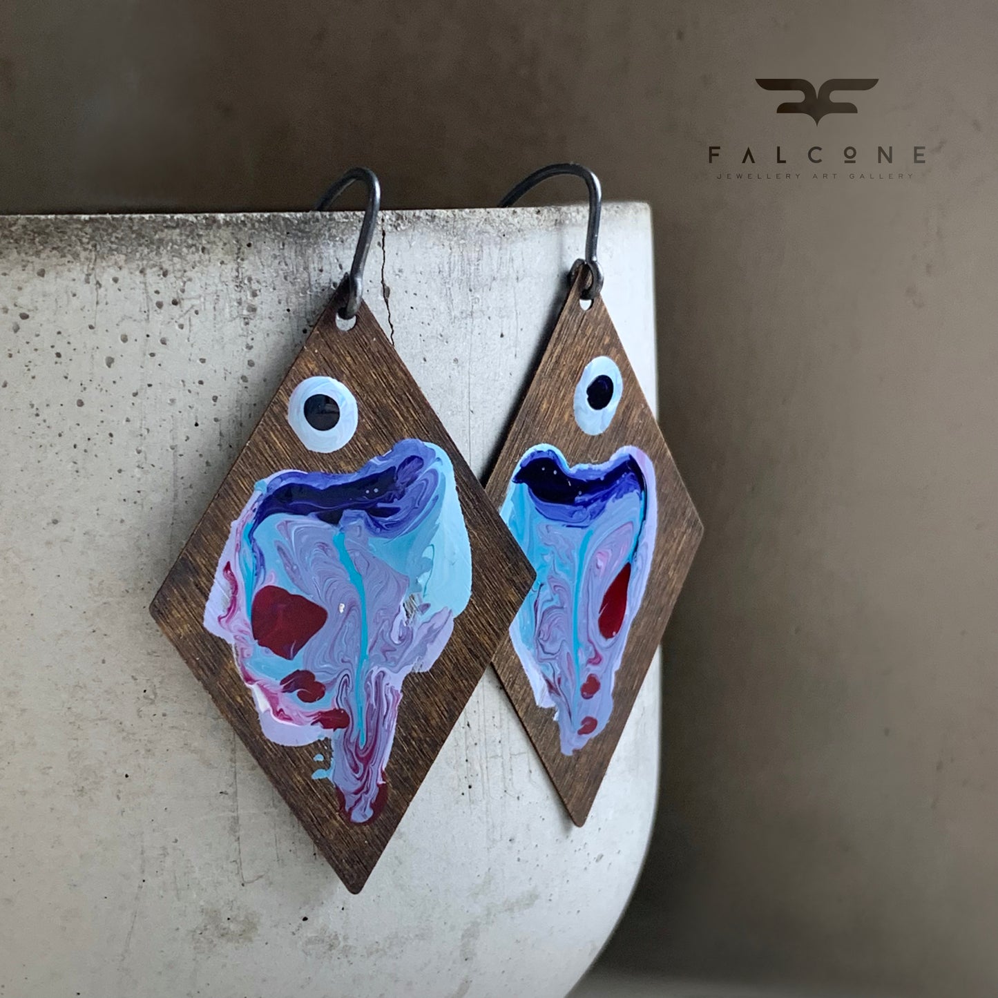 Brass and Sterling Silver Earrings 'Big Fish - Blue With Ruby Accent'