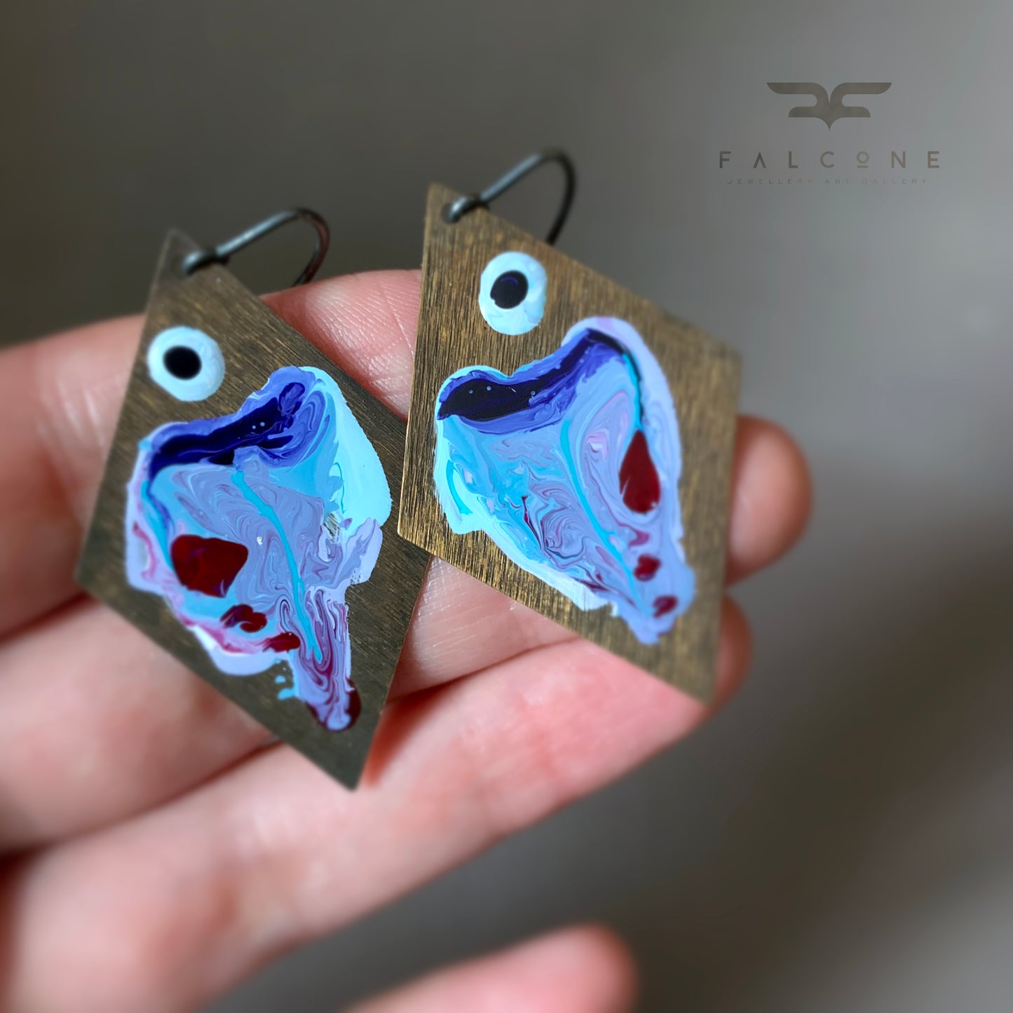 Brass and Sterling Silver Earrings 'Big Fish - Blue With Ruby Accent'