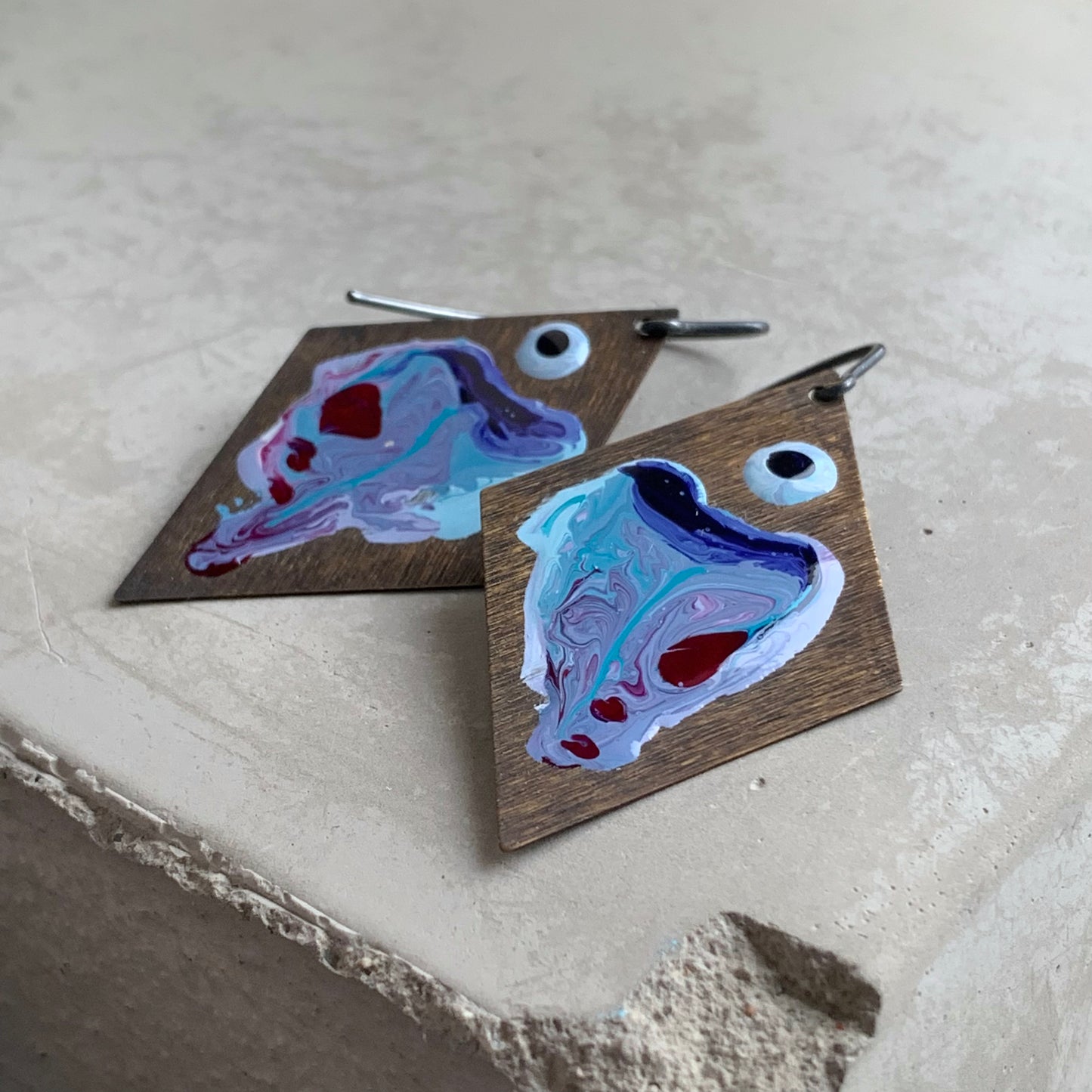 Brass and Sterling Silver Earrings 'Big Fish - Blue With Ruby Accent'