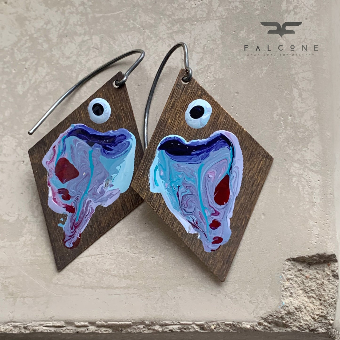 Brass and Sterling Silver Earrings 'Big Fish - Blue With Ruby Accent'
