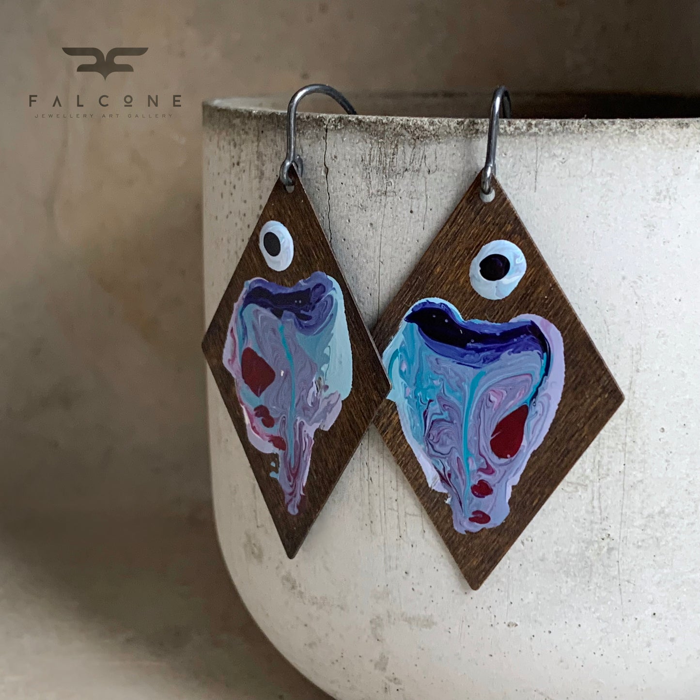 Brass and Sterling Silver Earrings 'Big Fish - Blue With Ruby Accent'
