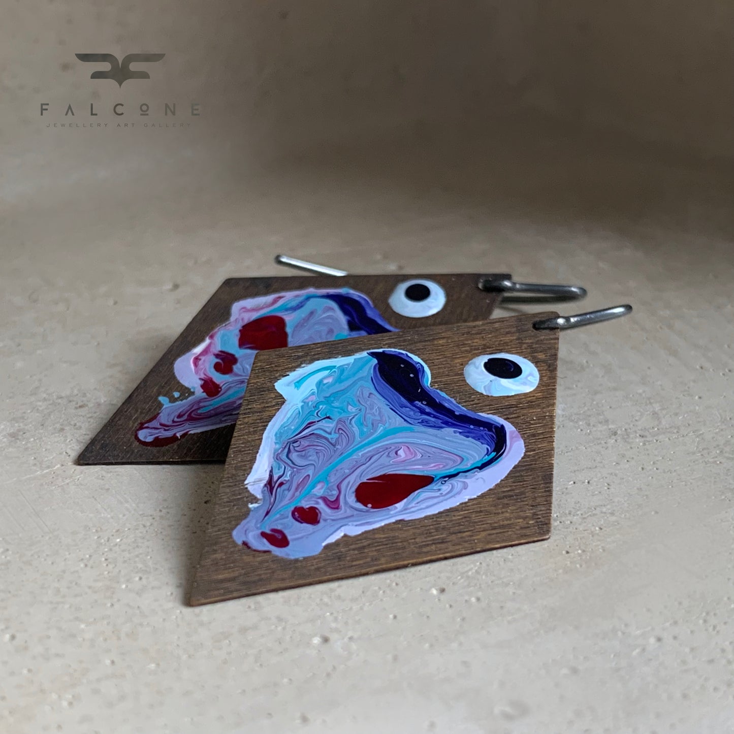 Brass and Sterling Silver Earrings 'Big Fish - Blue With Ruby Accent'