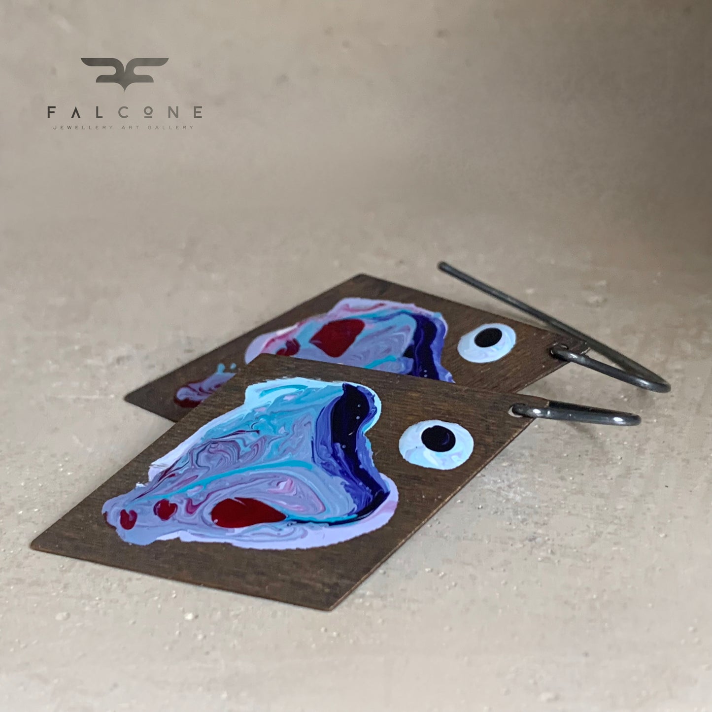 Brass and Sterling Silver Earrings 'Big Fish - Blue With Ruby Accent'
