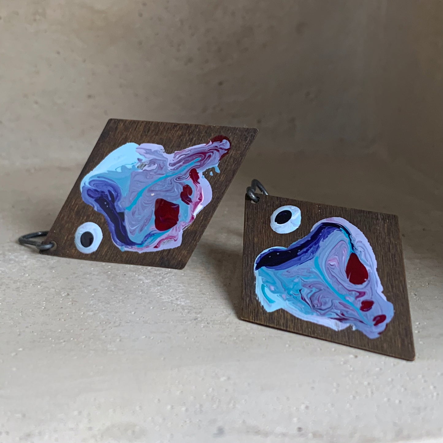 Brass and Sterling Silver Earrings 'Big Fish - Blue With Ruby Accent'